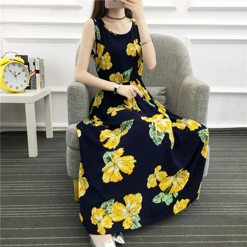

High Waist Bohemian Boho Floral Fruit Funny Print Tank Long Dress Summer Cotton Beach Home Vintage Comfortable Maxi Vestido Robe