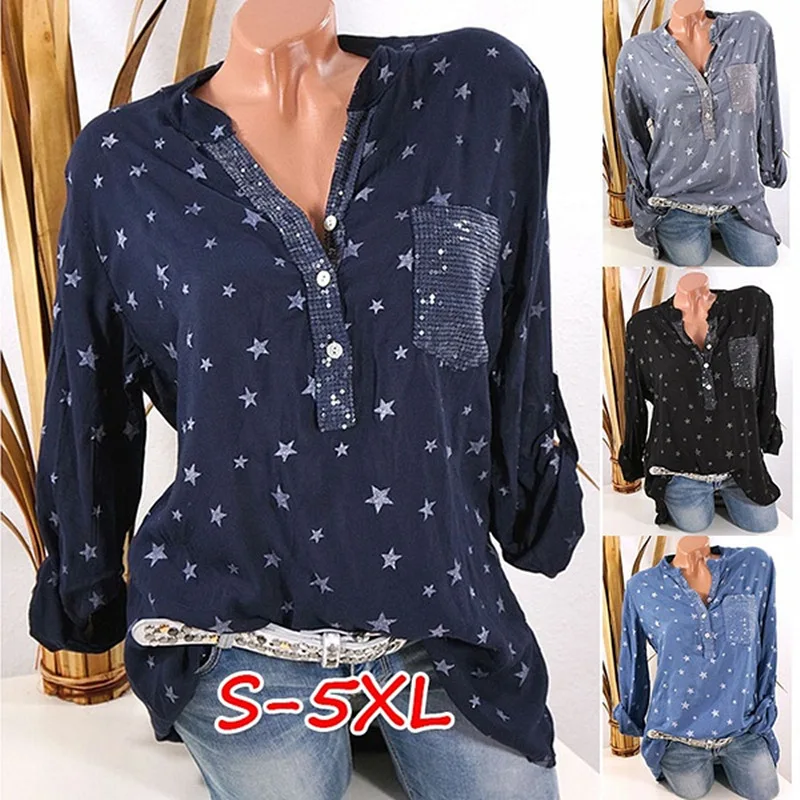  Large size Women's Blouse 2019 new long-sleeved V-neck button top printed casual fashion women's sh