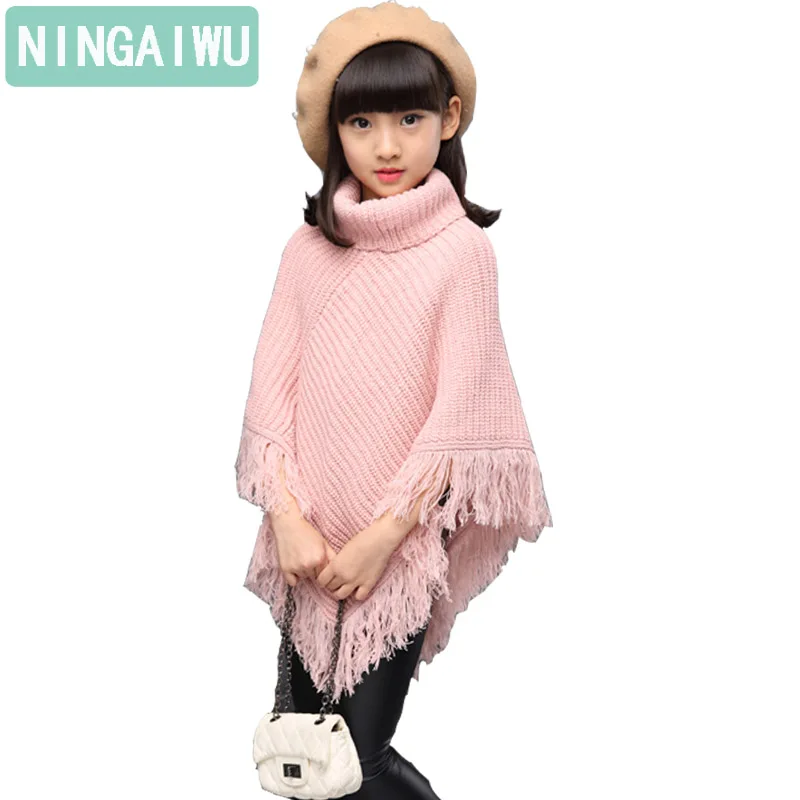 

2017 winter girl sweater turtleneck tassel child fashion cloak shawls long big girl batwing sweater coat autumn kids clothes