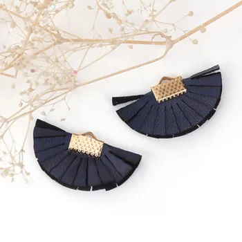 

DoreenBeads Faux Leather Pendants Fan-shaped Tassel Gold Beige Deep Blue Accessories About 35mm(1 3/8") x 20mm( 6/8"), 20 PCs