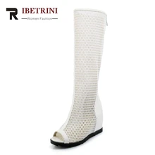 RIBETRINI/летние сапоги до колена наивысшего качества, модные женские сапоги с открытым носком, увеличивающие рост, большие размеры 34-43