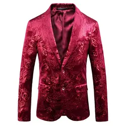 Новинка 2019 года для мужчин красный блейзер с принтом Официальный Бизнес пиджак повседневное тонкий две пряжки партии свадебное платье
