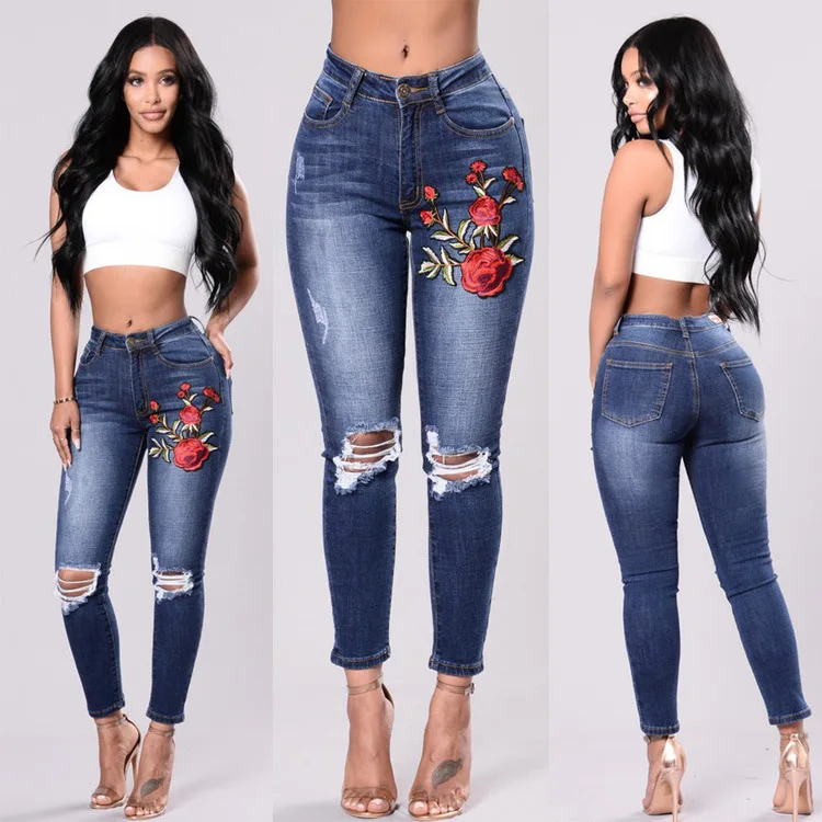 

High Waist Jeans Embroidery Jeans Woman Ripped Denim Trousers Elastic Hole Plain Pants Zipper Streetwear Plus Size Women Pants