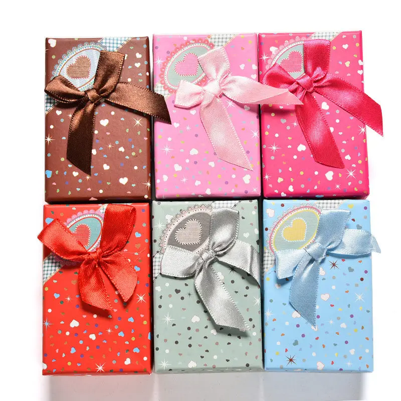 Sweet Jewelry box boite a bijoux Bowknot Heart Print paper storage Packing Gift Display Box For Jewelry Necklace Ring Earring