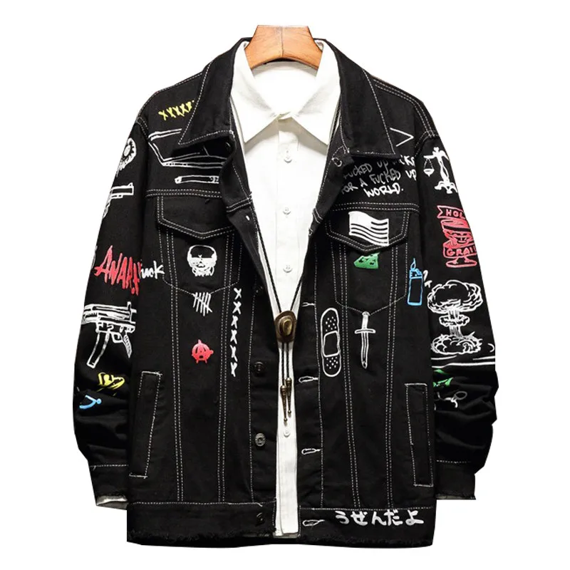

MORUANCLE Fashion Mens Printed Hip Hop Jean Jackets Hi Street Painted Denim Trucker Jacket Streetwear Outerwear Plus Size M-5XL