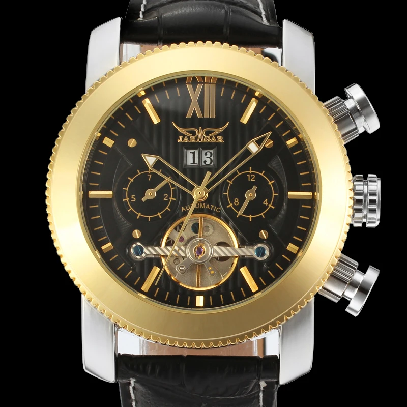 

Jaragar Men's Watch Brand Automatic Tourbillon Genuine Leather Transparent Analog Waterproof Wristwatch Color Black