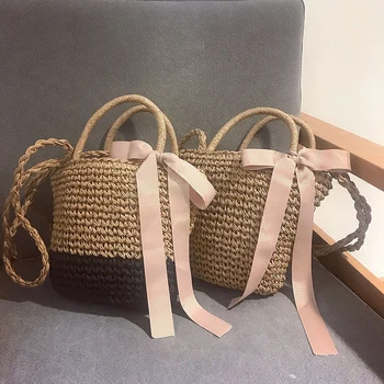 

Bohemian Style Fashionable Handmade Women Handbag Korean Simple Natural Crossbody Ladies Woven Beach Straw Drawstring Bag 2019