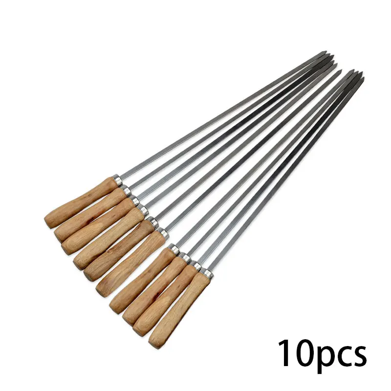 Stainless Steel BBQ Needles Wooden BBQ Kebab skewers Wood Metal BBQ Skewer Grilling Forks Barbecue Accessories 16.5in 42cm - Цвет: 10 Pieces