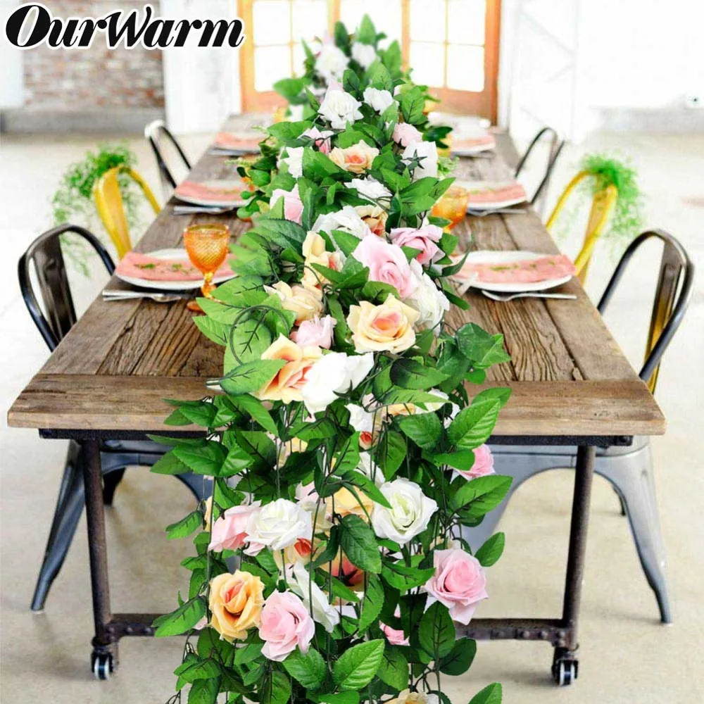 

OurWarm Table Decoration Accessories 2.45M Silk Rose Flower Garland Wreath Jungle Beach Theme Party Home Wedding Decoartion