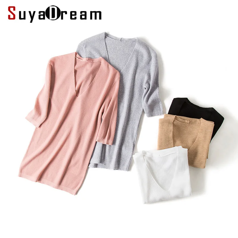 Women Pullovers 100%Wool Rib knitted Half sleeved sweaters V neck pullover 2018 Spring Bottoming knit shirt Black White Khaki | Женская