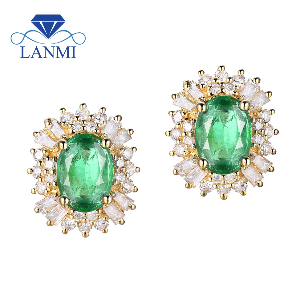 Fine Women Earrings Solid 18k Yellow Gold Natural Green Emerald