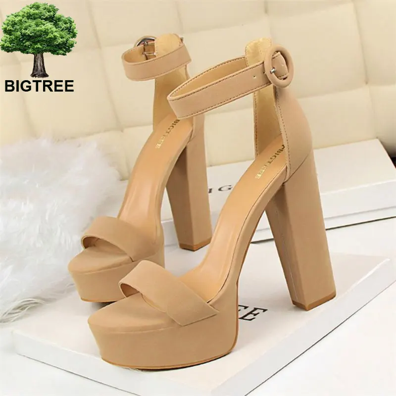 

BIGTREE Platform Open Toe Women's Party Shoes Concise Wedding Sandals Women Solid Soft Leather Buckle High Heels 13cm Shoes