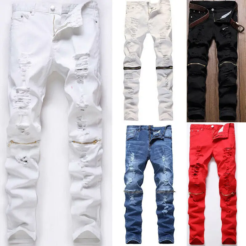 

NEW Red White Black Silver Ripped Denim Pant Knee Hole Zipper Biker Jeans Slim Skinny Destroyed Torn Jean Pants cotton jeans