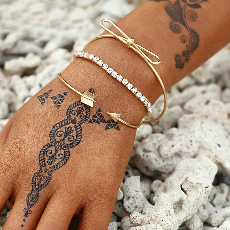 

3PCS/SET Bohemian Love Bow Knot Bracelets Bangles Arrow Rhinestone Round Cuff Open Bangle For Women Jewelry 2019 Female