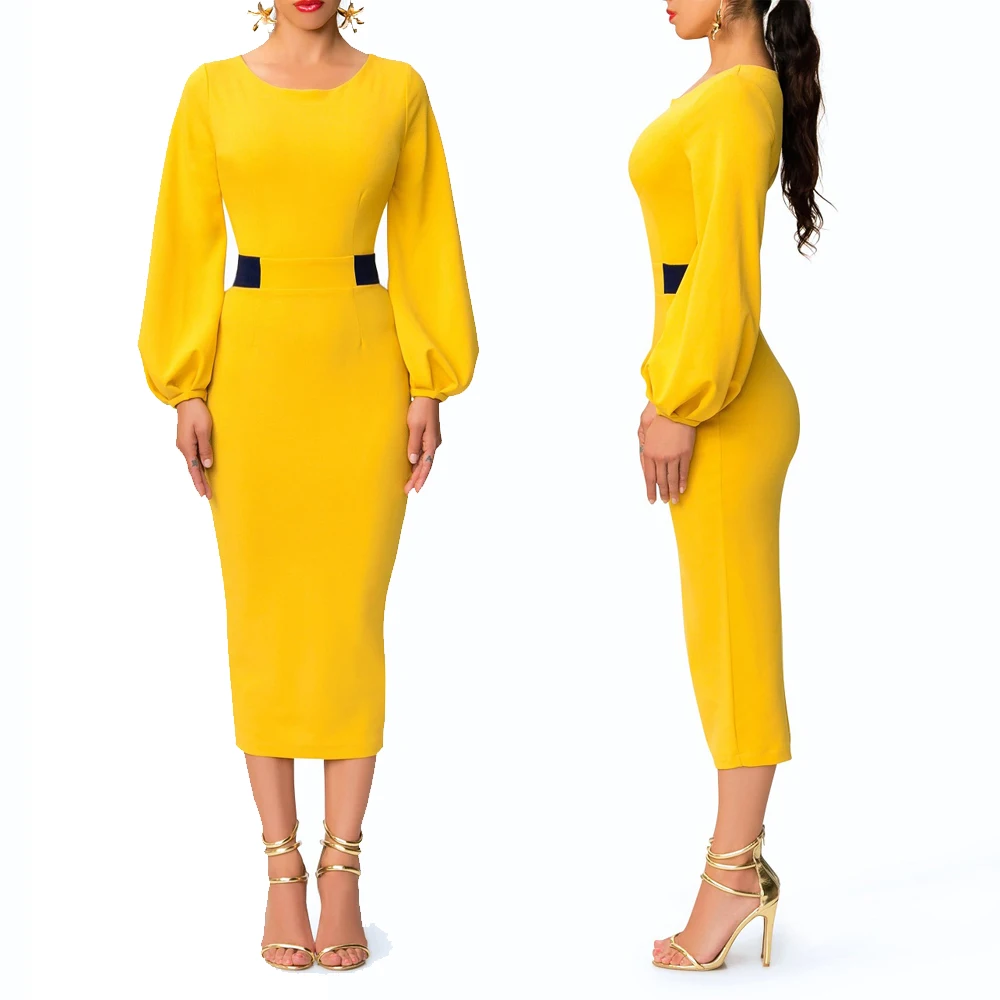 

Women Fashion Splice Dress Elegant OL Sexy Hip Yellow Lady Dresses O Neck Soild Color Casual Female Spring Autunm Bodycon Dress