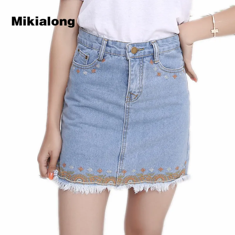 Image Mikialong Vintage Embroidery Denim Skirt 2017 Summer Ethnic Package Hip Pencil Skirt Women Casual Blue White Tassel Mini Skirts