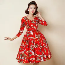 Женская Ретро стиль 50-х, красный Гавайи, дополненные каблуком рокабилли пинап с v-образным вырезом 3/4 рукав качели платье средней длины больших размеров 4xl Хлопковые Платья vestidos