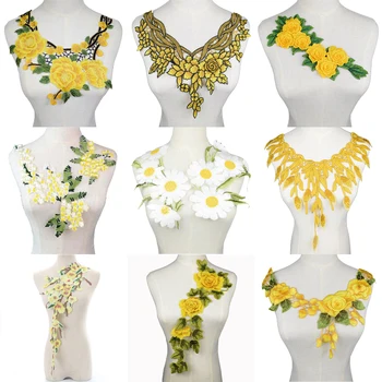

1Pc 3D Embroidered Fabric Yellow Rose Flower Venise Lace Sewing Applique Lace Collar Neckline Collar Applique Accessories