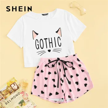 

SHEIN Cat Print Tshirt And Heart Elastic Waist Shorts Casual Sleepwear Women Summer Cute Round Neck Short Sleeve Pajama Set