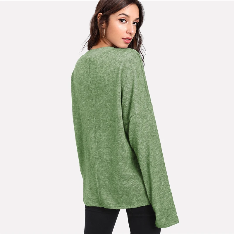 COLROVIE синий сплошной ресниц кружево вязаный свитер для повседневной носки осень г. V образным вырезом Зеленый для женщин джемпер пуловеры