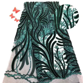 

Green Color Handcut French Velvet Lace Fabric 2019 Embroidered Nigerian French Tulle Mix Velvet Lace Fabric With Sequins
