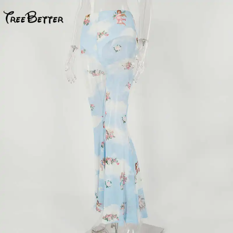 Summer Mesh Double Patchwork 2019 Cupid Printed Bell Female Sense Screen Stitching Casual Long Flare Pants Summer Mesh Double Patchwork 2019 Cupid Printed Bell Female Sense Screen Stitching Casual Long Flare Pants