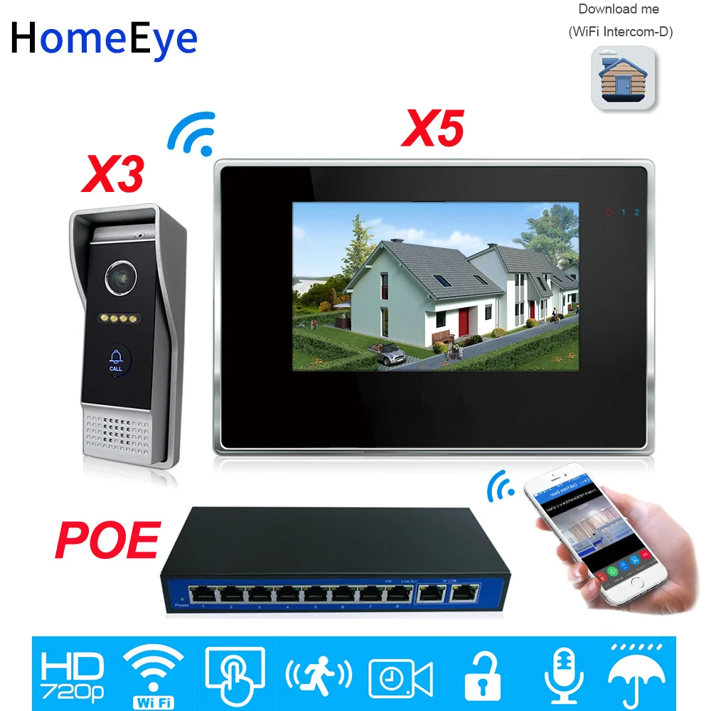 720P WiFi IP Video Door Phone Video Intercom 3-5 Home Access Control System Android iOS App Remote Unlock Touch Screen POESwitch