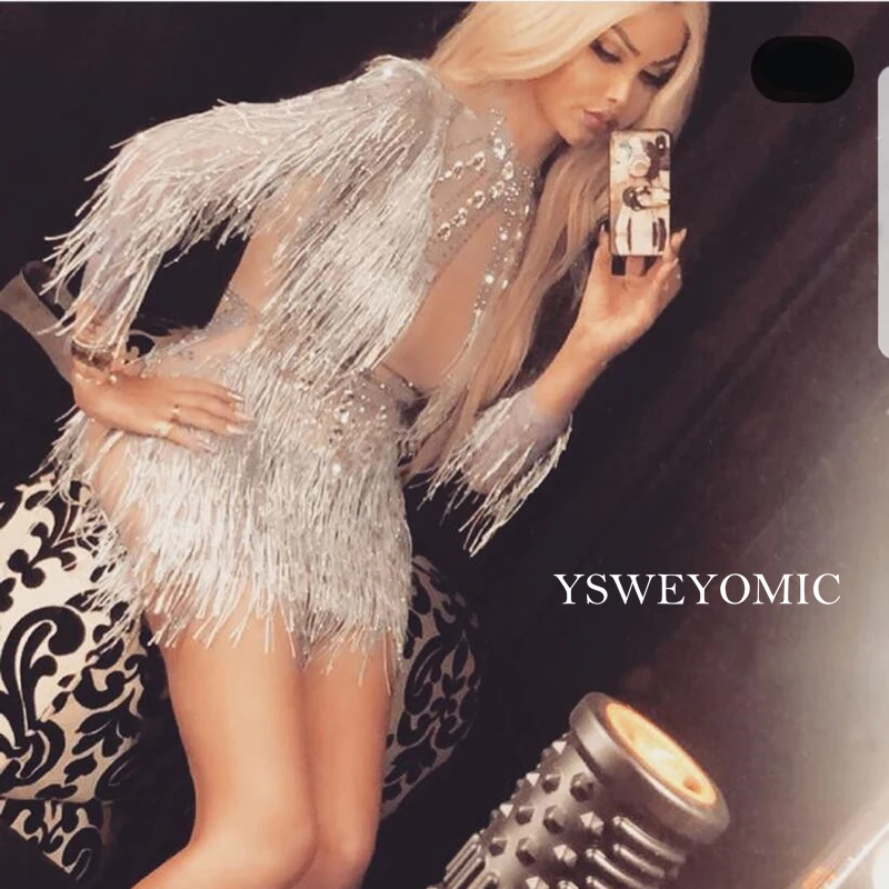 2019-Fashion-Tassel-Perspective-Dress-Women-Birthday-Celebrate-See-Through-Mesh-Dress-Gray-Fringes-Costume-Dance