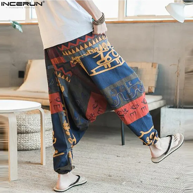 2018 Ethnic Retro Men Cross-Pants Wide Leg Linen Harem Pants Men Elastic Waist Loose HipHop Crotch Pants Man Joggers Trousers