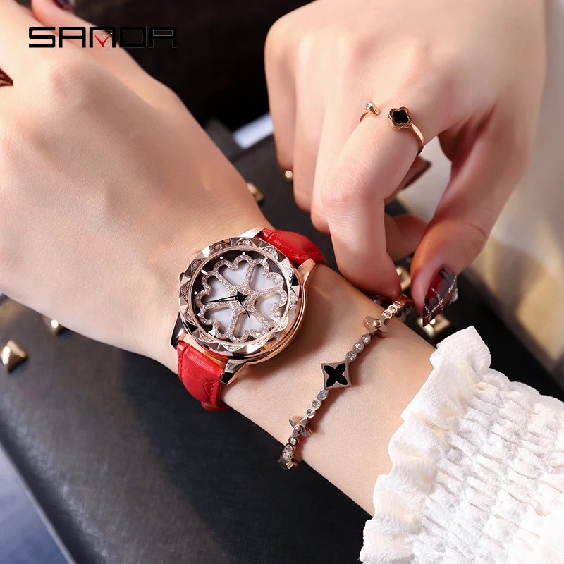 

Sanda NEW Women's Watches Fashion Genuine Leather Simple and stylish Clock Starry montre femme Rotating rhinestone dial Ladies