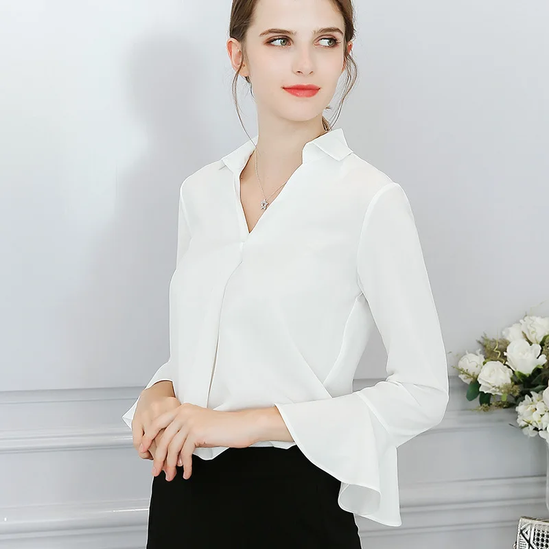 

women summer autumn v neck office blouse shirt women solid long sleeve white blouse shirt tops women summer clothes