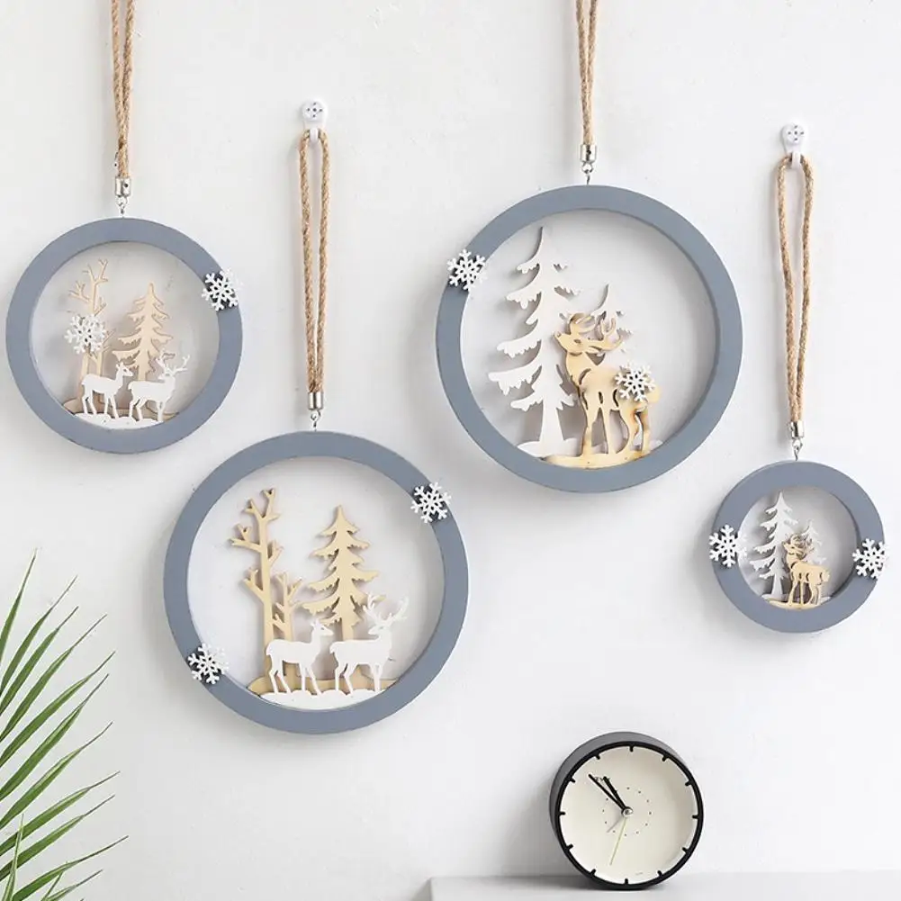 

Nordic Wooden Round Shape Realistic Carved Elk Inlaid Landscape Wall Decoration Hanging Wood Art Decor Photography Props