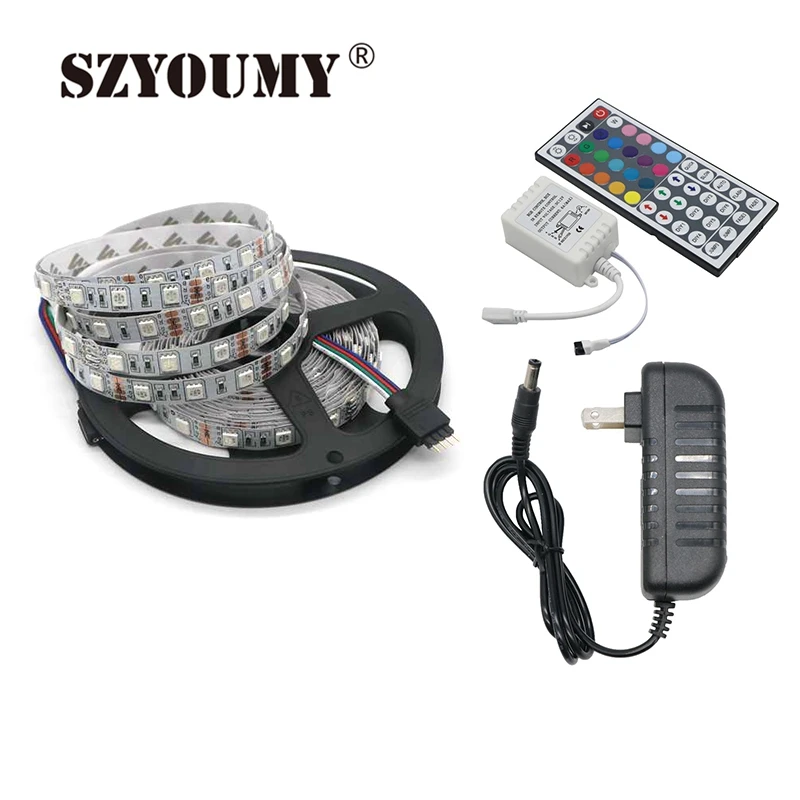 cheap SZYOUMY 10 Sets 5M 300Leds Non waterproof DC12V 5050 RGB Flexible Led Strip Light + 44 Key Controller +12V 3A Power Adapter