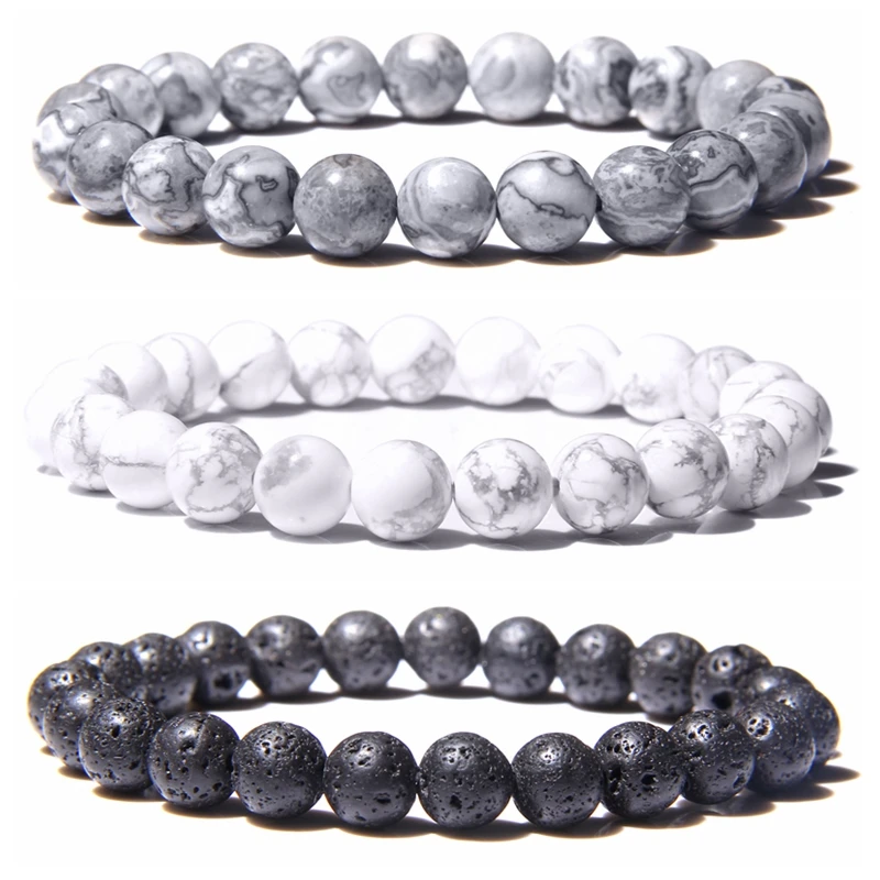 

Natural Black Lava Rock Stone Beaded Men Bracelet Fashion White Turquoises Beads Bacelet for Women Men Jewelry Pulseira Hombres