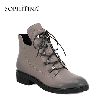 

SOPHITINA Hot Sale Ankle Boots Fashion Lace Up Retro Round Toe Women Shoes 2019 Quality Cow Leather Low Heels Winter Boots BA29