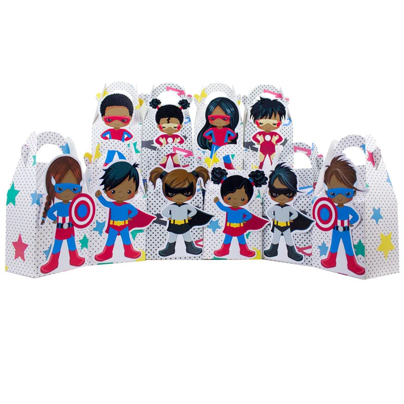 

Girls and Boys African American Superhero Favor Box Candy Box Gift Box Cupcake Box Boy Kids Birthday Party Supplies Decoration