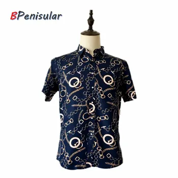 

2018 summer men short sleeve shirts navy blue blouse gold chain paris print luxury casual shirt for men businessmen big size 5xl