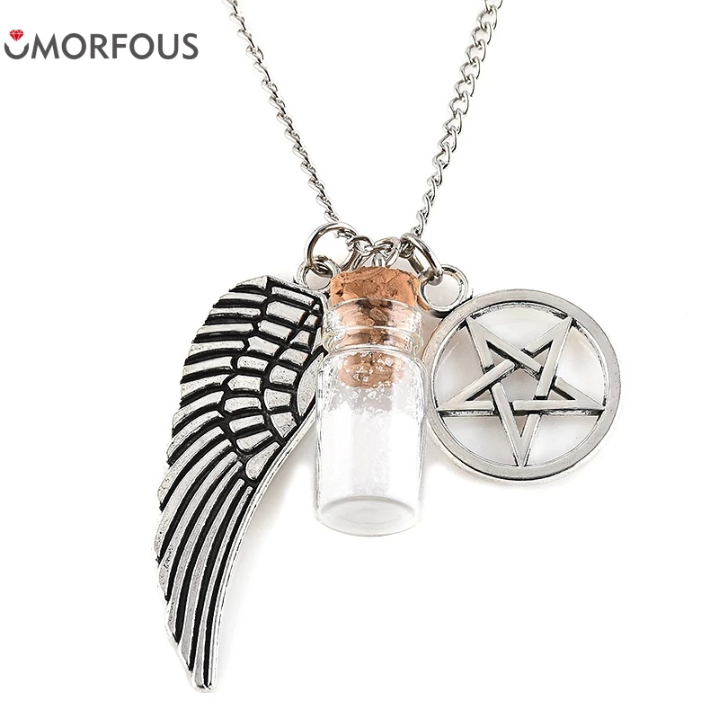 1pcs Silver Tone Supernatural Protection Necklace Angel Wing Pentagram With Drifting bottle Pendant Chain Necklace