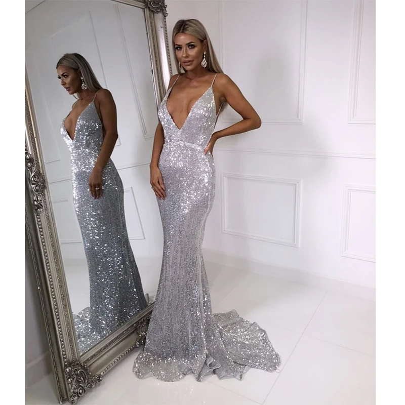 V Neck Sequined Evening Party Dress Padded Backless