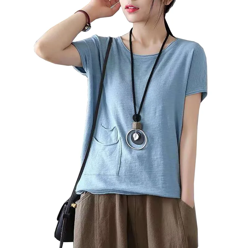 

Summer Women's Thin style Short-sleeved Pullover Sweater Loose sweat-absorbent Cotton knit top casual Pure white Thin sweater