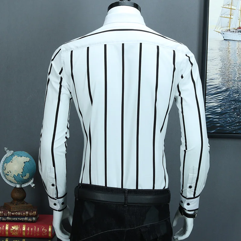 Мужские контрастные черные/белые широкие полосатые рубашки удобные хлопковые Смарт повседневные приталенные рубашки с длинным рукавом на пуговицах