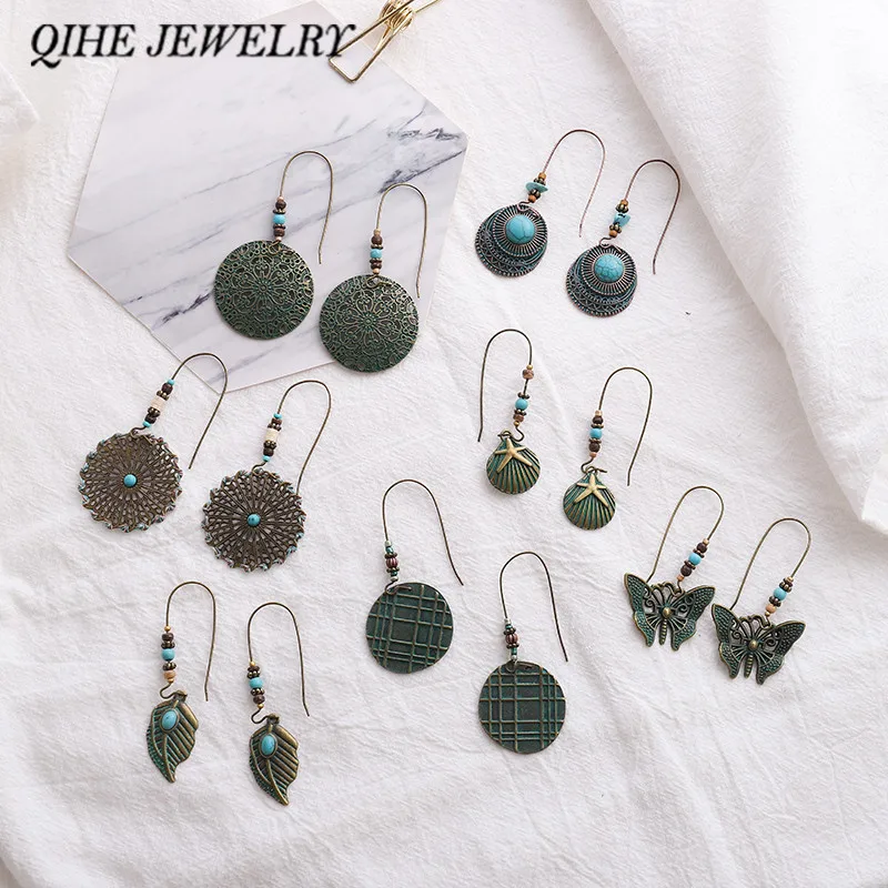 

QIHE JEWELRY 7 styles Vintage Earrings for Women Green Patina Earrings Round Leaf Boho Copper Drop earring Boho Chic