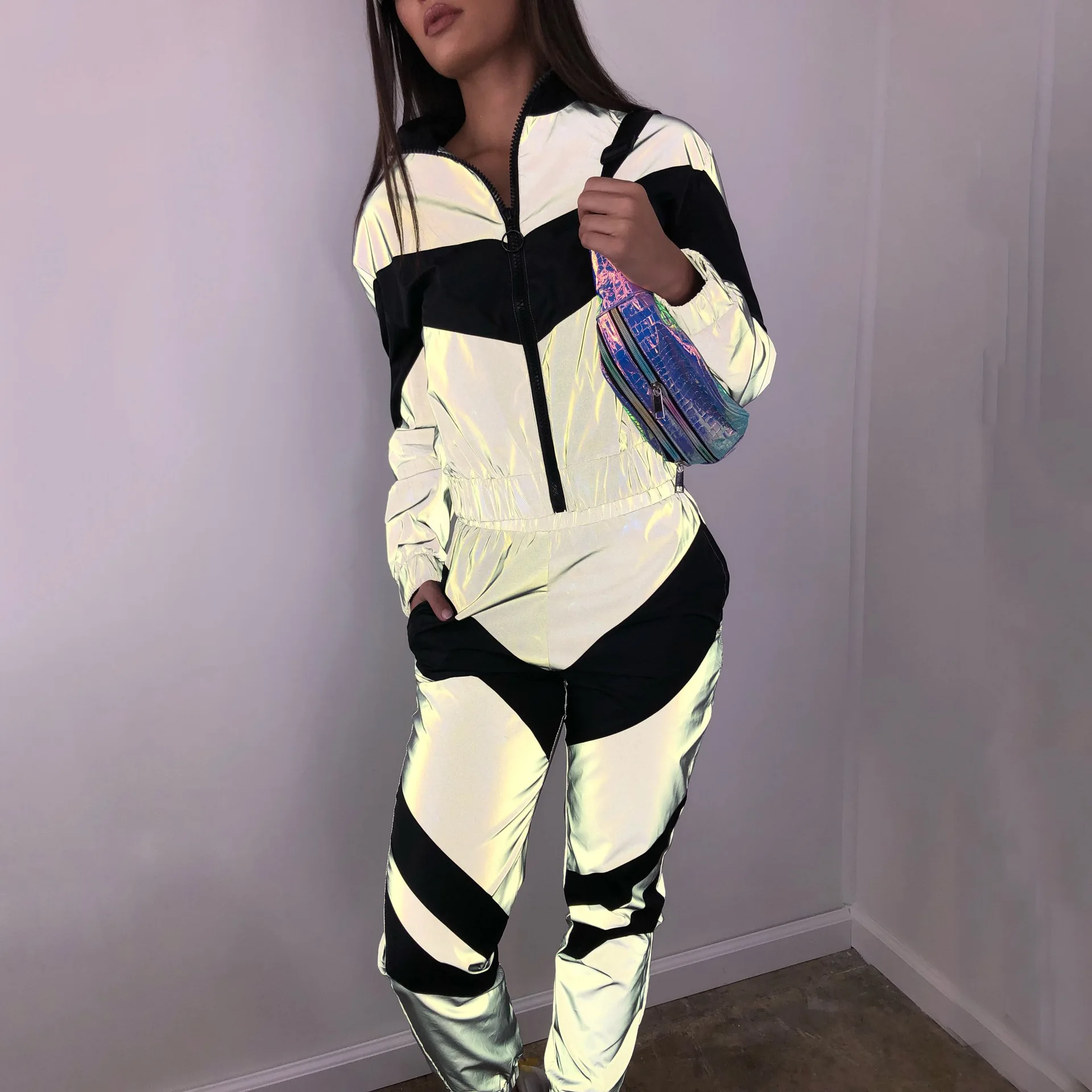 

New 2019 summer women's patchwork reflective sports casual suit two-piece stylish sports suit multi-colored sports suit patchwor