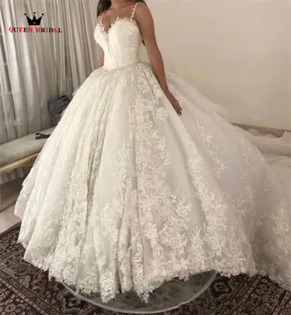 شراءفساتين زفاف فاخرة مصنوعة خصيصًا للأميرة مع ذيل كبير على شكل قلب من التول والدانتيل وزهور من الكريستال فستان زفاف 2020 صورة حقيقية WH07