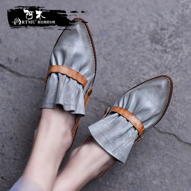 

Artmu Original Women Sandals Shoes Pointed Toe Art Leather Flat Woman Shoes Comfortable New Designer Plicate Slippers Fashion
