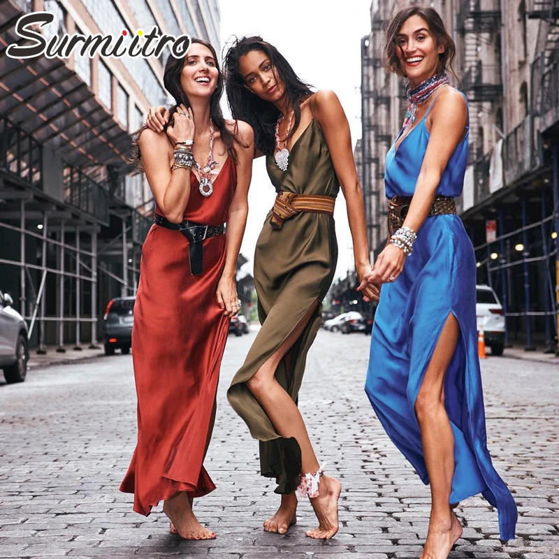 

Surmiitro Satin Sexy Deep V Party Night Strap Dress Women 2019 New Spring Tunic Backless Long Maxi Beach Summer Sundress Female