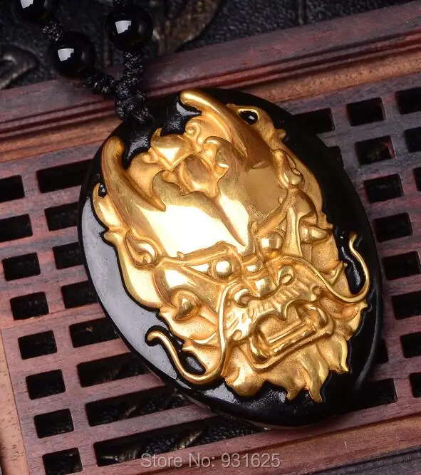 

Beautiful Chinese Natural Black Obsidian Carved 18 Gold Dragon Head Lucky Amulet Pendant +free Necklace fashion Jewelry
