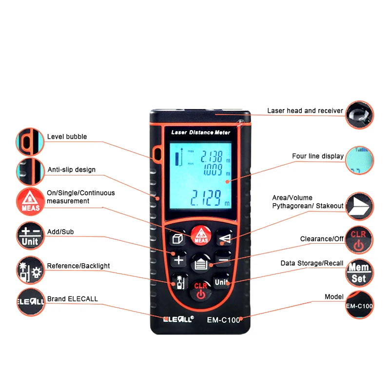 EM C100 100m/328ft Bubble Level Rangefinder Area/Volume Tape Measure