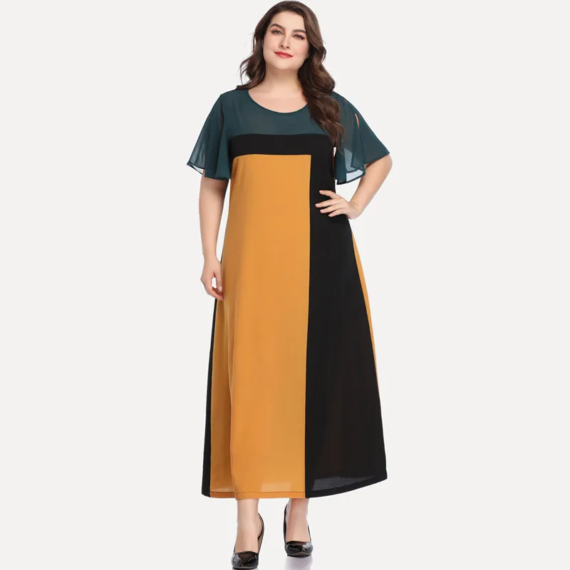 

Plus Size Dresses for women 4XL 5XL Summer Chiffon Dress Short Sleeve Contrast Color Loose Robe Femme Long Dress HY88031