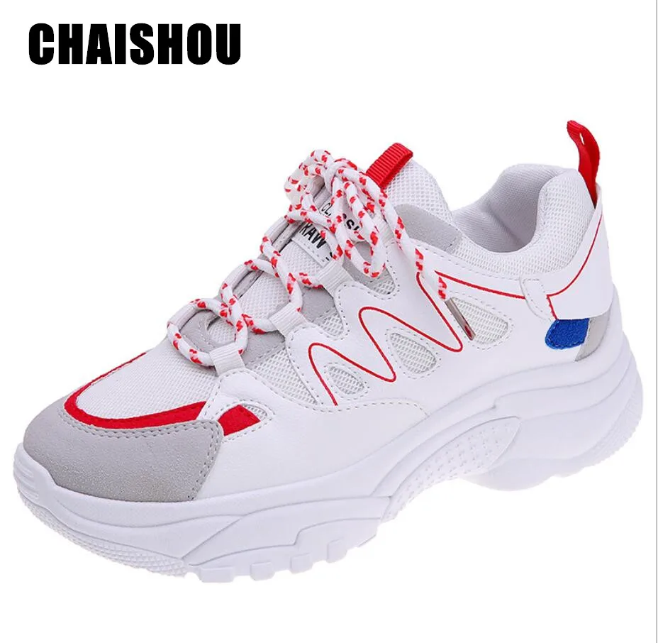 

2019New Designer Women Shoes Platform Shoes Women Fashion Colorblock Sneakers Women Thick Sole Lace up Flats Shoes Dad Shoes D48